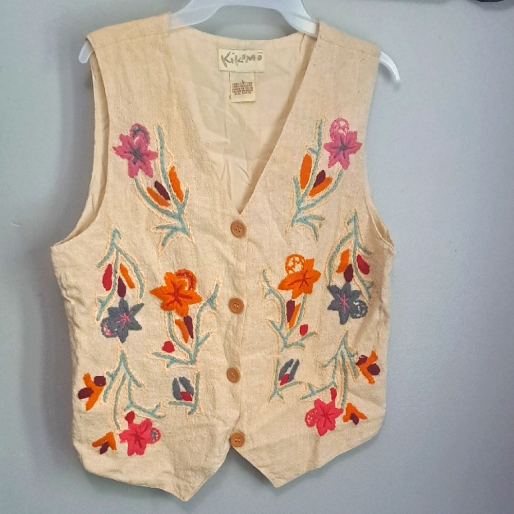 Kikomo Vintage Embroidered Floral Cotton Vest Size Large